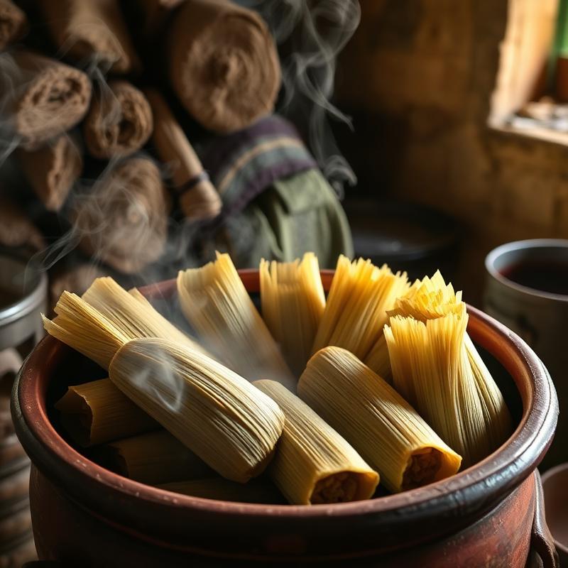 Tamales cociéndose al vapor en olla de barro