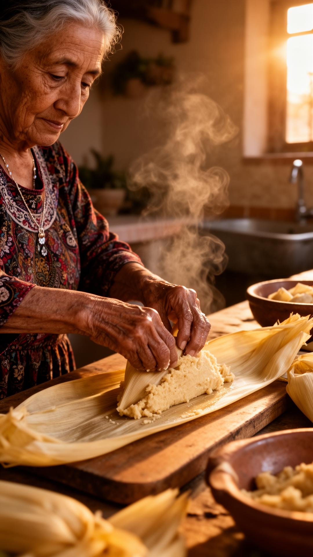 Las manos de la abuela Socorro extendiendo masa sobre una hoja de maíz al amanecer