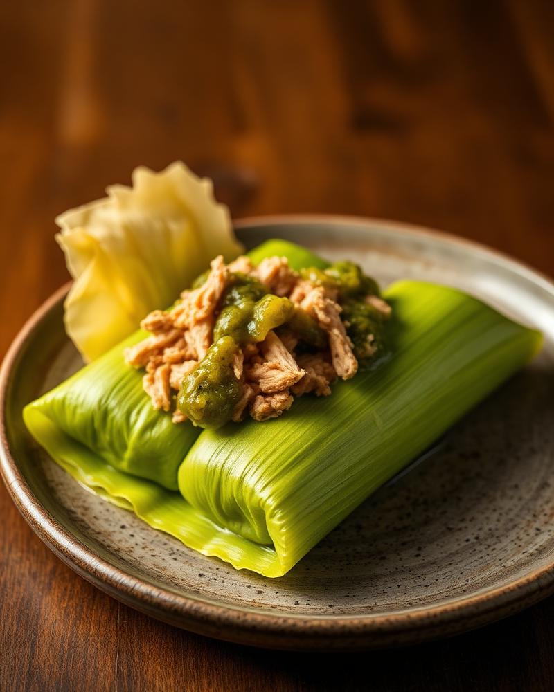 Tamal verde con pollo en plato